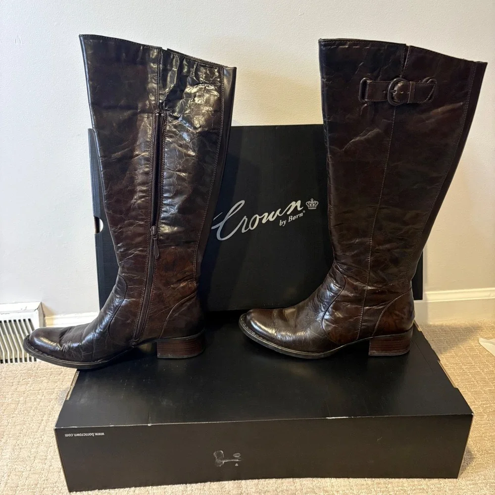 Crown by Born Roxie Tan Burnished Wide Calf Leather‎ Knee High Boots Size 7.5 M